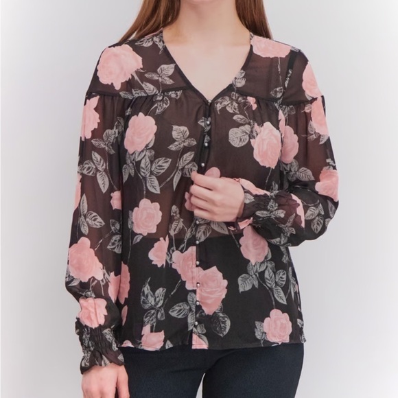 Guess Black and Pink Floral Sheer Long Sleeve Blouse Large - Picture 1 of 10